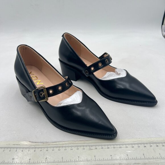 YDN Black Pumps Pointed Toe Mary Jane Chunky Heels Loafers Hollow Buckle Shoes - Picture 3 of 8